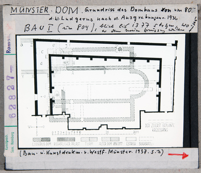 Vorschaubild Münster: Dom, Grundriss des Doms von 804 (Bau I) nach den Ausgrabungen von 1936 